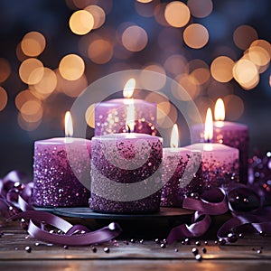 Christmas Purple Candles With Soft Blurry Lights And Glittering On Flames