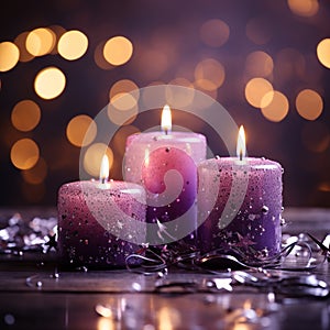 Christmas Purple Candles With Soft Blurry Lights And Glittering On Flames