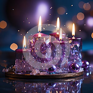 Christmas Purple Candles With Soft Blurry Lights And Glittering On Flames