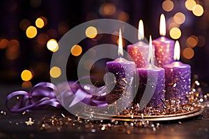 Christmas Purple Candles With Soft Blurry Lights And Glittering On Flames