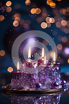 Christmas Purple Candles With Soft Blurry Lights And Glittering On Flames