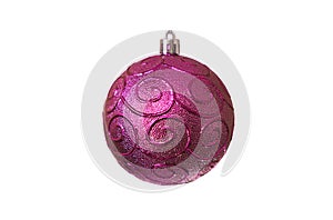 Christmas purple toy with spiral patterns for decoration on a white background, isolated, soft focus