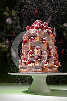 Christmas raspberry decorated Italian sweet bred Pandoro pan d`oro dusted with icing sugar