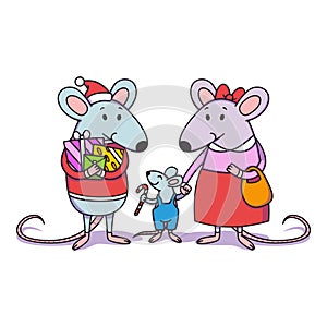 Christmas rat family. Dad with gifts, mom holds a child by the hand, a little boy with candy cane.