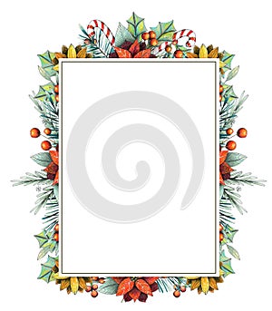 Christmas rectangle frame with poinsettia, leaves, pine and berries.