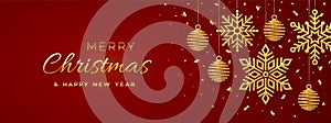 Christmas red background with hanging shining golden snowflakes and balls. Merry christmas greeting card. Holiday Xmas and New