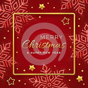 Christmas red background with shining snowflakes, gold stars and beads. Merry christmas greeting card. Holiday Xmas and New Year