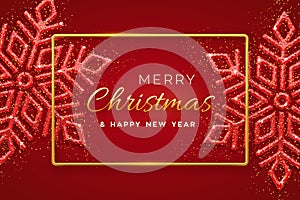 Christmas red background with shining snowflakes. Merry christmas greeting card. Holiday Xmas and New Year poster, web banner.