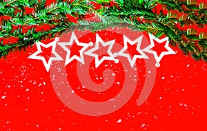 Christmas red background with white decorative stars.Concept for festive background or for project. Copy space