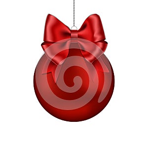Christmas red ball with ribbon bow handing on string. Xmas vector bauble isolated on white backgroun