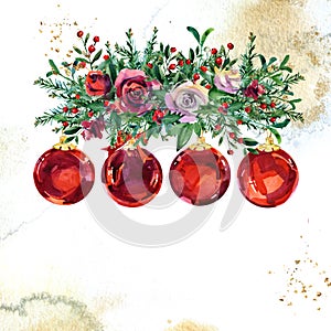Christmas red ball on vintage watercolor background