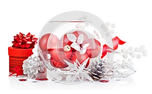 Christmas red balls with festive tinsel