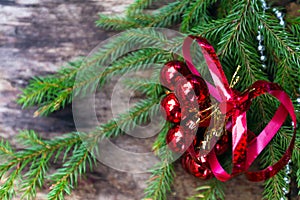 Christmas red balls on wooden background