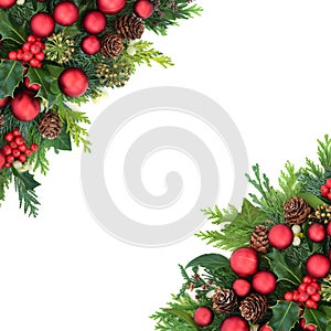 Christmas Red Bauble and Winter Greenery Border