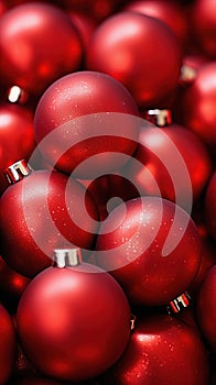 Christmas red baubles closeup. Abstract holiday decor background