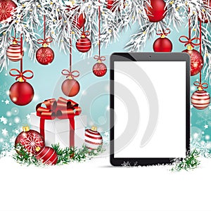 Christmas Red Baubles Frozen Twigs Snow Tablet