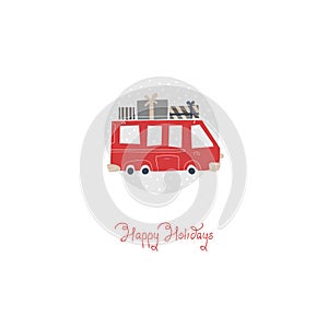 Christmas red bus with presents. Vector illustration in simple hand-drawn Scandinavian style. Vehicles under snowfall