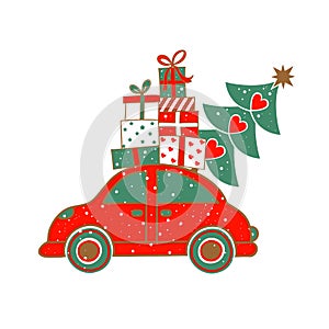 Christmas red car carries gifts and a Christmas tree.