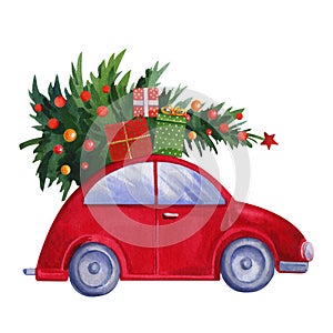 Christmas Red car with fir tree, gifts isolated on white background. watercolor illustration.