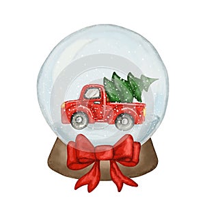 Christmas red car truck in snow glass globe, transparent ball watercolor old holiday toy