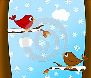 Christmas Red Cardinal Bird Pair Winter Scene