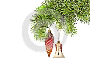 Christmas red cones and bell on new year tree