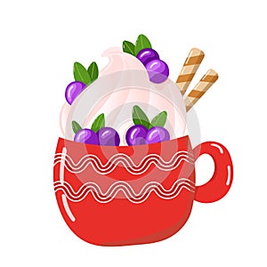 Christmas red cup with Hot chocolate or coffee with whipped cream and waffle rolls. Vector illustrations in cartoon