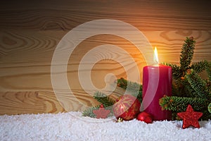 Christmas red decoration and Advent candle. Christmas card.