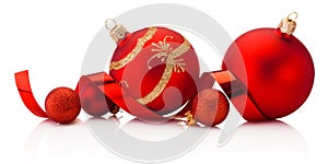 Christmas red decoration baubles and colorful streamers ribbons tape Isolated on white background