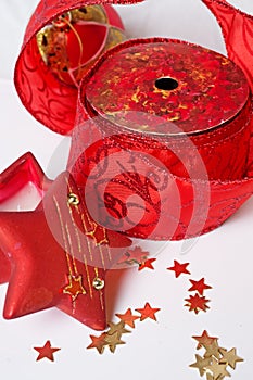 Christmas red decoration with candle around white background