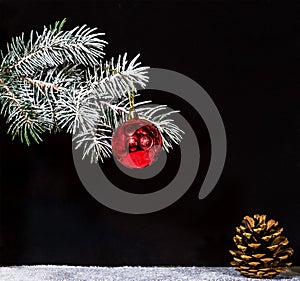 Christmas red decorations ball with fir tree and pine cone. New years vintage country style card.