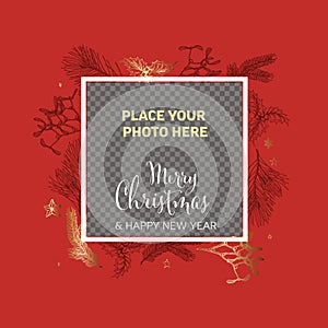 Christmas red family photo card layout template with christmas elements