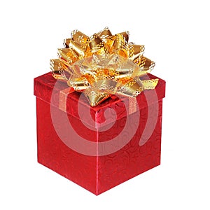 Christmas Red Gift Box with Gold Ribbon Bow, isolated