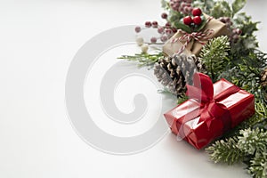 Christmas red gifts presents on isolated background. Festive holiday decorations on white background with copy space