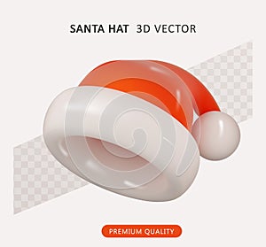Christmas red glossy hat santa claus. Realistic Christmas element for design. Vector 3d illustration.