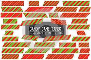 Christmas Red Green Candy Cane Washi Tape Isolated Vector Strips.