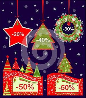 Christmas red green tags for winter sale with cut out paper abstract firs and star. Flat design