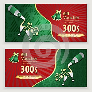 Christmas red green voucher template with fbottle shampagne, snowflakes and christmas trees. Gift coupon