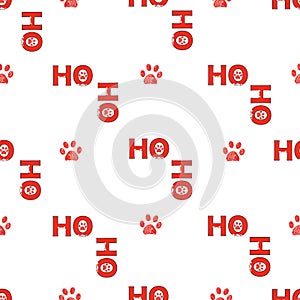 Christmas red Ho Ho Ho slogan with doodle white paw print