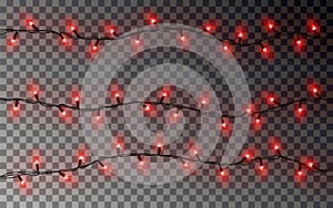 Christmas red lights string. Transparent effect decoration isolated on dark background. Realistic Ch
