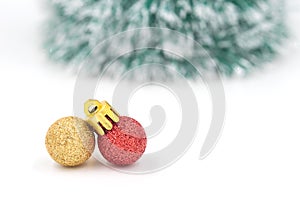 Christmas red ornament (red and gold balls) with decorations.