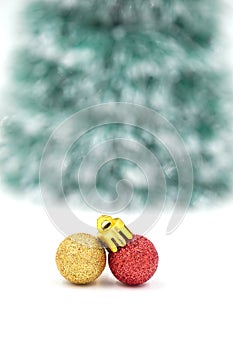 Christmas red ornament (red and gold balls) with decorations.