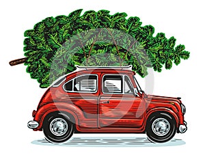 Christmas red retro car with green pine tree. Happy holidays vector illustration