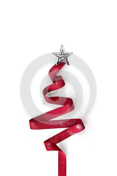 Christmas red ribbon tree decorate with silver glitter star on white background