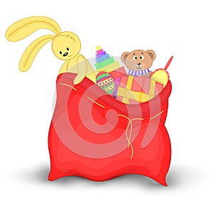 Christmas red sack with gifts and toys. Cute Christmas bag of Santa Claus. Isolated on a white background. Soft toy