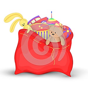 Christmas red sack with gifts and toys. Cute Christmas bag of Santa Claus. Isolated on a white background. Soft toy