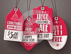 Christmas red sale tags vector set with different shapes and sale and discount text