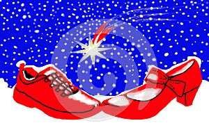 Christmas with red shoes among the snow photo