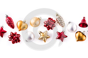 Christmas red,silver and golden decorations isolated on white background