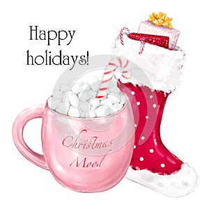 Christmas red sock with gifts and pink cup with marshmallow.